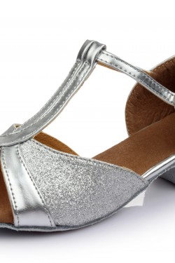 Women's Kids' Silver Sparkling Glitter Flats Latin T-Strap Dance Shoes Chunky Heels Wedding Party Shoes D601031