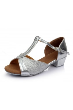 Women's Kids' Silver Sparkling Glitter Flats Latin T-Strap Dance Shoes Chunky Heels Wedding Party Shoes D601031
