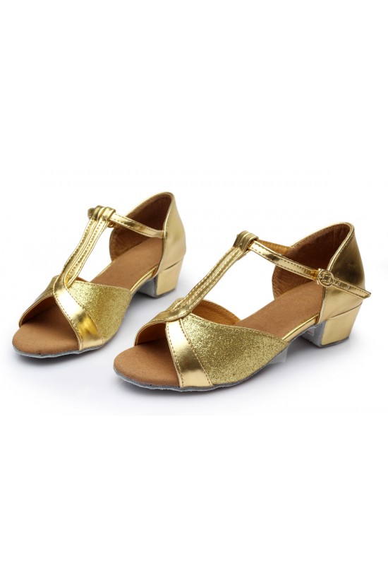 Women's Kids' Gold Sparkling Glitter Flats Latin T-Strap Dance Shoes Chunky Heels Wedding Party Shoes D601032