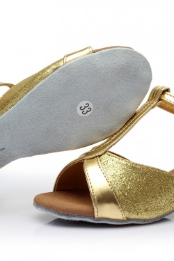 Women's Kids' Gold Sparkling Glitter Flats Latin T-Strap Dance Shoes Chunky Heels Wedding Party Shoes D601032