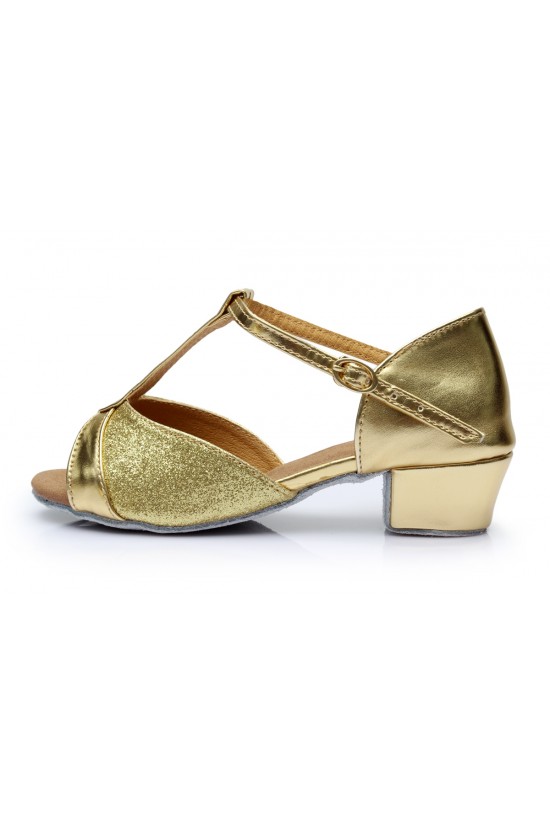 Women's Kids' Gold Sparkling Glitter Flats Latin T-Strap Dance Shoes Chunky Heels Wedding Party Shoes D601032