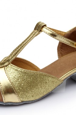 Women's Kids' Gold Sparkling Glitter Flats Latin T-Strap Dance Shoes Chunky Heels Wedding Party Shoes D601032