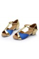 Women's Kids' Blue Satin Flats Latin Salsa T-Strap Dance Shoes Chunky Heels Dance Shoes D601033
