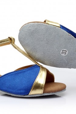 Women's Kids' Blue Satin Flats Latin Salsa T-Strap Dance Shoes Chunky Heels Dance Shoes D601033