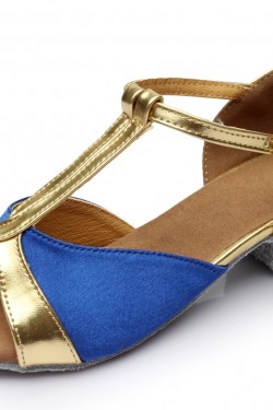 Women's Kids' Blue Satin Flats Latin Salsa T-Strap Dance Shoes Chunky Heels Dance Shoes D601033
