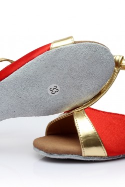 Women's Kids' Red Satin Flats Latin Salsa T-Strap Dance Shoes Chunky Heels Dance Shoes D601034