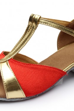 Women's Kids' Red Satin Flats Latin Salsa T-Strap Dance Shoes Chunky Heels Dance Shoes D601034