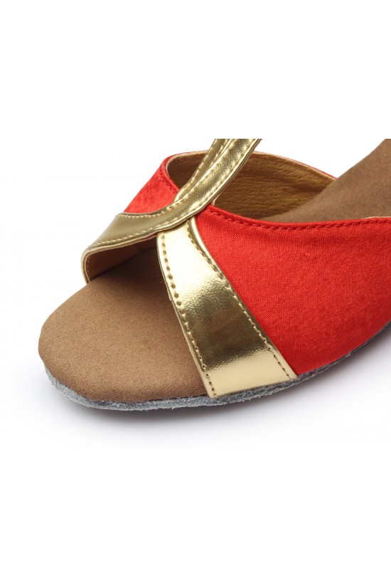 Women's Kids' Red Satin Flats Latin Salsa T-Strap Dance Shoes Chunky Heels Dance Shoes D601034