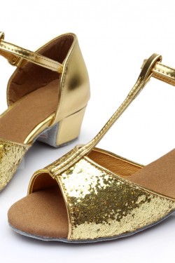 Women's Kids' Gold Sparkling Glitter Flats Latin Salsa T-Strap Dance Shoes Chunky Heels Wedding Party Shoes D601035