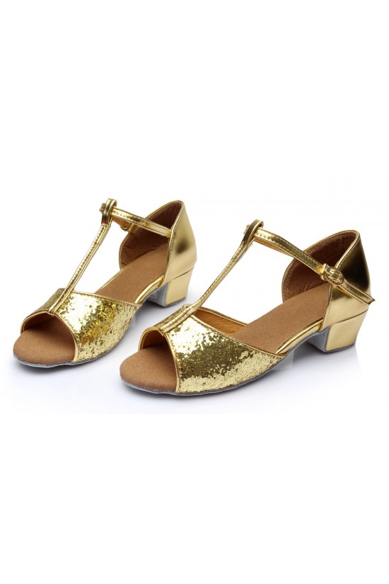 Women's Kids' Gold Sparkling Glitter Flats Latin Salsa T-Strap Dance Shoes Chunky Heels Wedding Party Shoes D601035