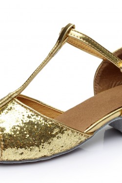 Women's Kids' Gold Sparkling Glitter Flats Latin Salsa T-Strap Dance Shoes Chunky Heels Wedding Party Shoes D601035