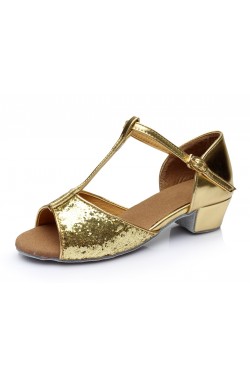 Women's Kids' Gold Sparkling Glitter Flats Latin Salsa T-Strap Dance Shoes Chunky Heels Wedding Party Shoes D601035