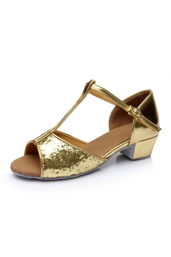 Women's Kids' Gold Sparkling Glitter Flats Latin Salsa T-Strap Dance Shoes Chunky Heels Wedding Party Shoes D601035