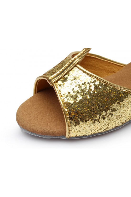 Women's Kids' Gold Sparkling Glitter Flats Latin Salsa T-Strap Dance Shoes Chunky Heels Wedding Party Shoes D601035