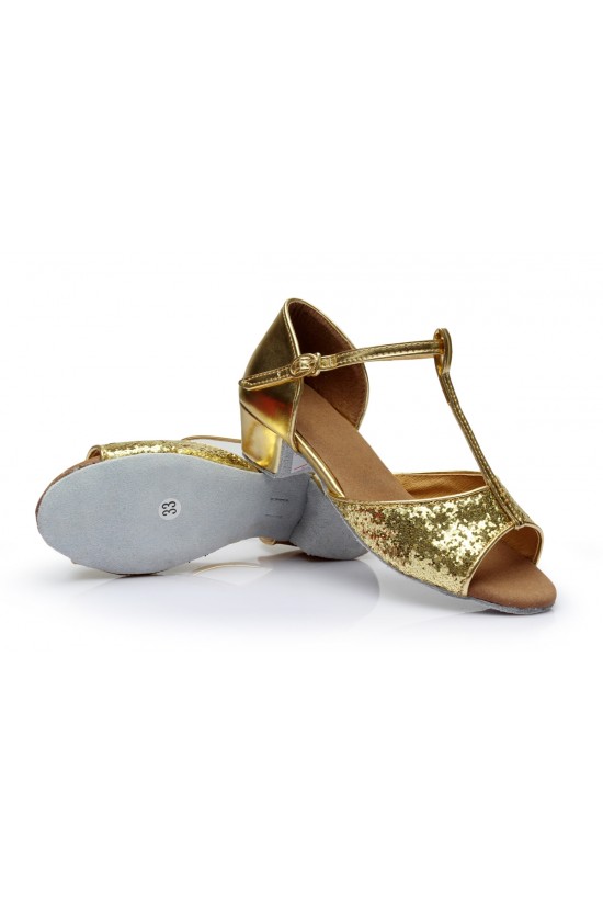 Women's Kids' Gold Sparkling Glitter Flats Latin Salsa T-Strap Dance Shoes Chunky Heels Wedding Party Shoes D601035