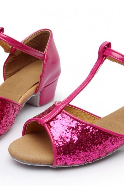 Women's Kids' Fuschia Sparkling Glitter Flats Latin Salsa T-Strap Dance Shoes Chunky Heels Wedding Party Shoes D601036
