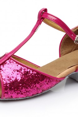 Women's Kids' Fuschia Sparkling Glitter Flats Latin Salsa T-Strap Dance Shoes Chunky Heels Wedding Party Shoes D601036