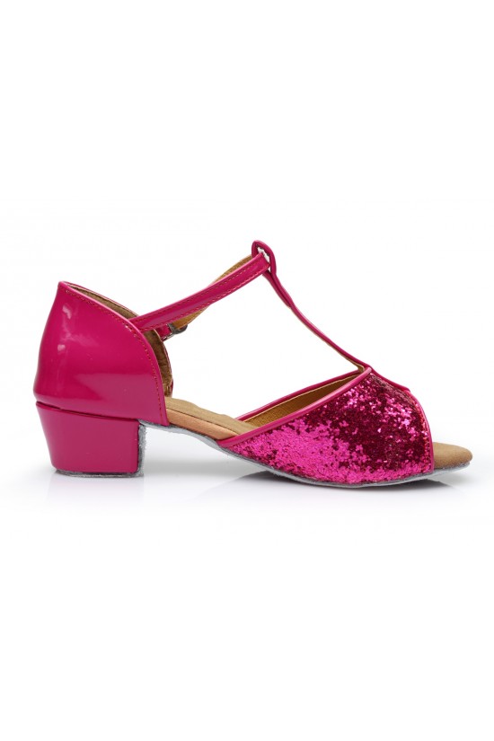 Women's Kids' Fuschia Sparkling Glitter Flats Latin Salsa T-Strap Dance Shoes Chunky Heels Wedding Party Shoes D601036