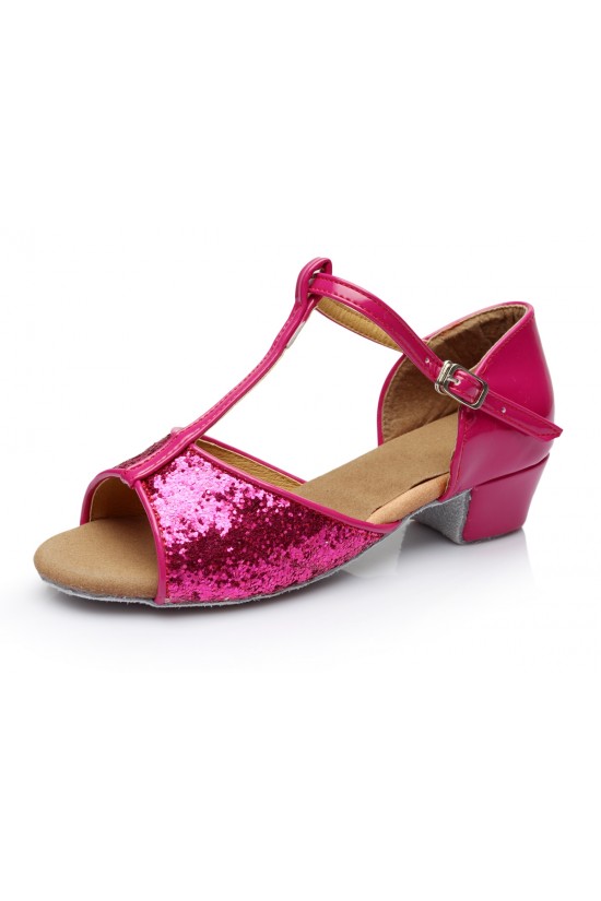 Women's Kids' Fuschia Sparkling Glitter Flats Latin Salsa T-Strap Dance Shoes Chunky Heels Wedding Party Shoes D601036