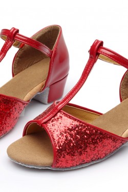 Women's Kids' Red Sparkling Glitter Flats Latin Salsa T-Strap Dance Shoes Chunky Heels Wedding Party Shoes D601037