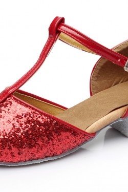 Women's Kids' Red Sparkling Glitter Flats Latin Salsa T-Strap Dance Shoes Chunky Heels Wedding Party Shoes D601037