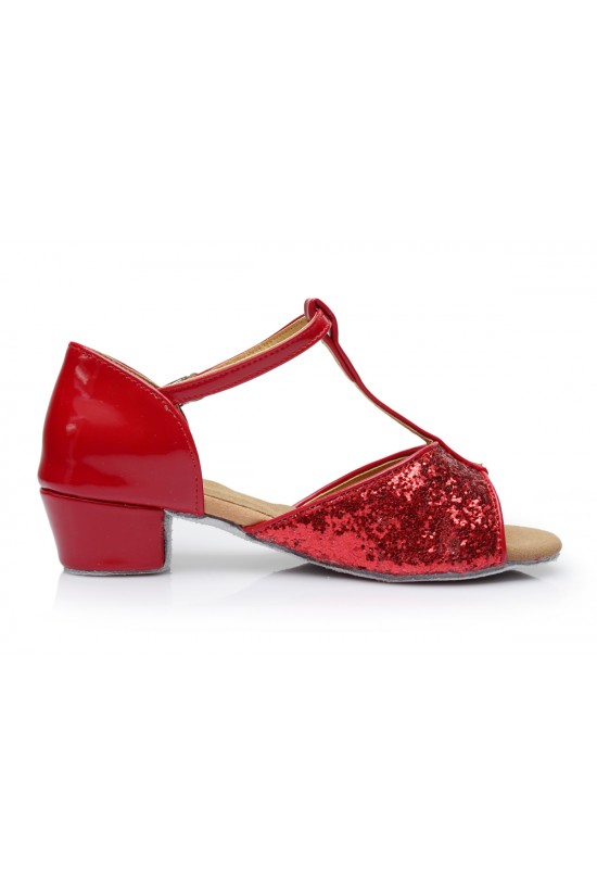 Women's Kids' Red Sparkling Glitter Flats Latin Salsa T-Strap Dance Shoes Chunky Heels Wedding Party Shoes D601037