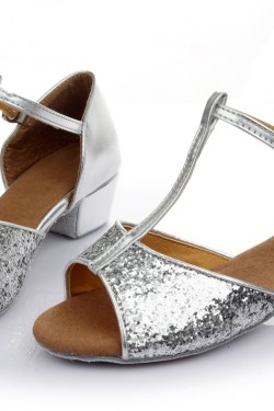 Women's Kids' Silver Sparkling Glitter Flats Latin Salsa T-Strap Dance Shoes Chunky Heels Wedding Party Shoes D601038