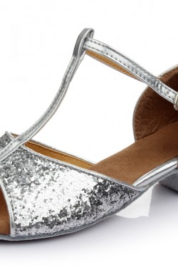 Women's Kids' Silver Sparkling Glitter Flats Latin Salsa T-Strap Dance Shoes Chunky Heels Wedding Party Shoes D601038