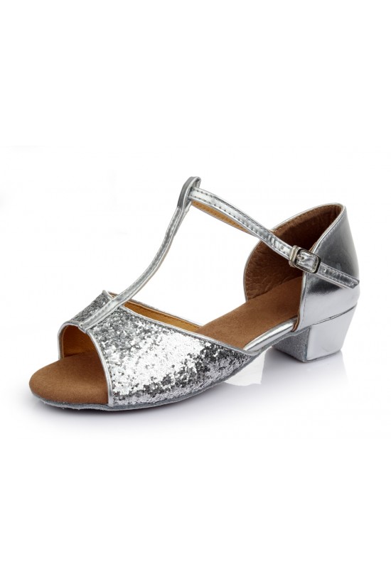 Women's Kids' Silver Sparkling Glitter Flats Latin Salsa T-Strap Dance Shoes Chunky Heels Wedding Party Shoes D601038