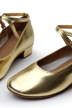 Women's Kids' Gold Leatherette Flats Latin Salsa Modern Dance Shoes Chunky Heels Wedding Party Shoes D601039