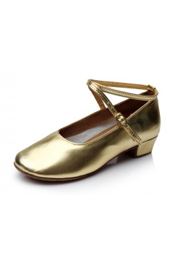 Women's Kids' Gold Leatherette Flats Latin Salsa Modern Dance Shoes Chunky Heels Wedding Party Shoes D601039