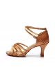 Women's Brown Satin Heels Sandals Latin Salsa With Ankle Strap Dance Shoes D602001
