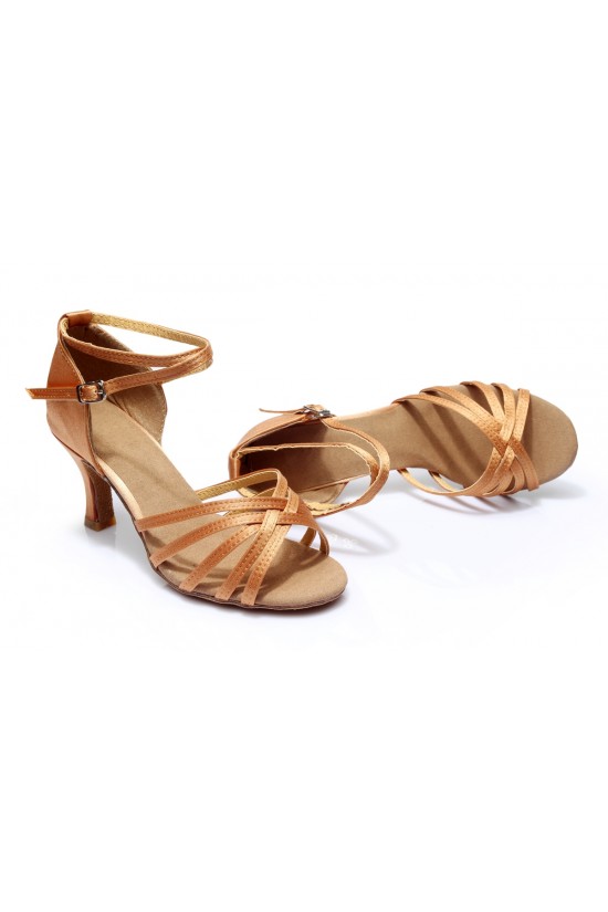 Women's Brown Satin Heels Sandals Latin Salsa With Ankle Strap Dance Shoes D602001