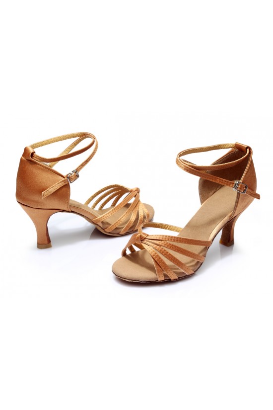 Women's Brown Satin Heels Sandals Latin Salsa With Ankle Strap Dance Shoes D602002