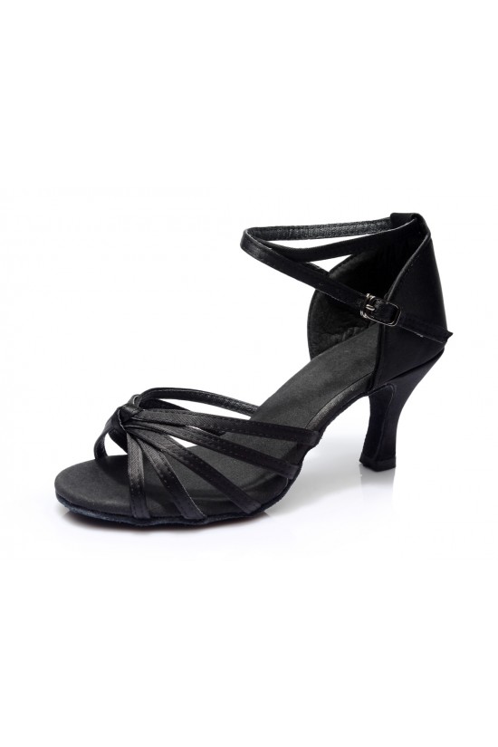 Women's Black Satin Heels Sandals Latin Salsa With Ankle Strap Dance Shoes D602003