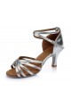 Women's Silver Satin Heels Sandals Latin Salsa With Ankle Strap Dance Shoes Wedding Party Shoes D602004