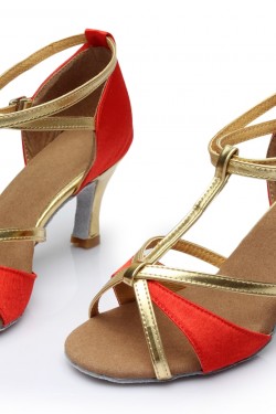 Women's Red Leatherette Satin Heels Sandals Latin Salsa With T-Strap Buckle Dance Shoes D602005