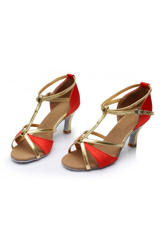 Women's Red Leatherette Satin Heels Sandals Latin Salsa With T-Strap Buckle Dance Shoes D602005