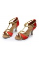 Women's Red Leatherette Satin Heels Sandals Latin Salsa With T-Strap Buckle Dance Shoes D602005