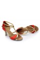 Women's Red Leatherette Satin Heels Sandals Latin Salsa With T-Strap Buckle Dance Shoes D602005