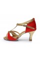 Women's Red Leatherette Satin Heels Sandals Latin Salsa With T-Strap Buckle Dance Shoes D602005