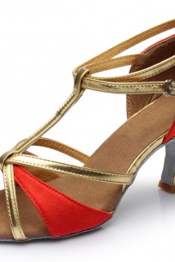 Women's Red Leatherette Satin Heels Sandals Latin Salsa With T-Strap Buckle Dance Shoes D602005