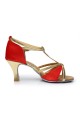 Women's Red Leatherette Satin Heels Sandals Latin Salsa With T-Strap Buckle Dance Shoes D602005