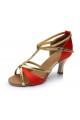 Women's Red Leatherette Satin Heels Sandals Latin Salsa With T-Strap Buckle Dance Shoes D602005