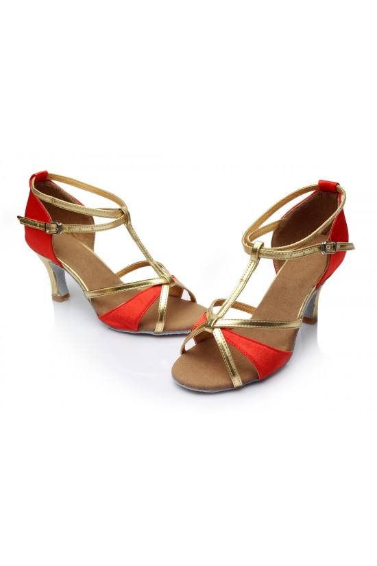 Women's Red Leatherette Satin Heels Sandals Latin Salsa With T-Strap Buckle Dance Shoes D602005