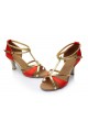 Women's Red Leatherette Satin Heels Sandals Latin Salsa With T-Strap Buckle Dance Shoes D602005