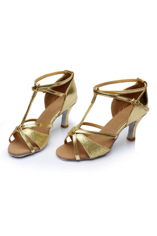 Women's Gold Leatherette Satin Heels Sandals Latin Salsa With T-Strap Buckle Dance Shoes D602006