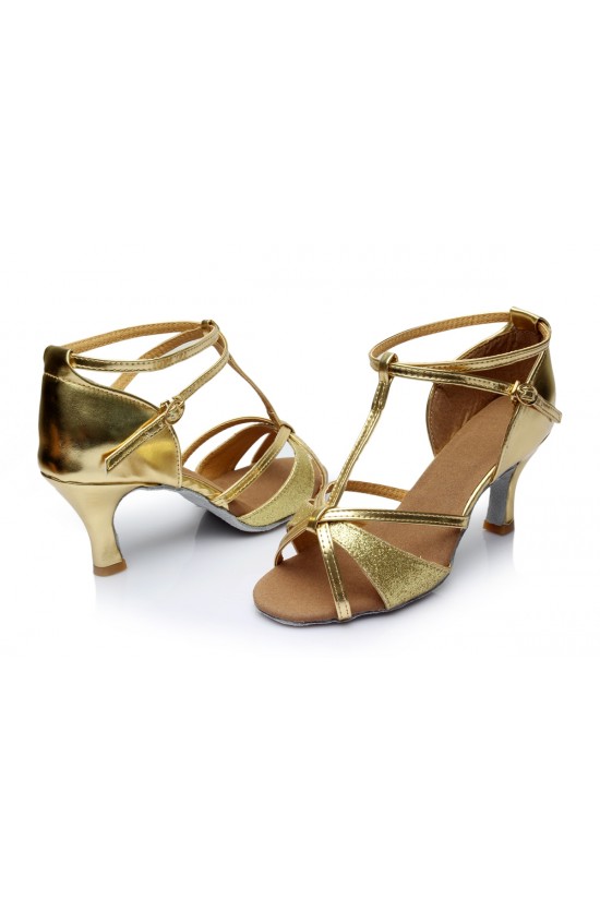 Women's Gold Leatherette Satin Heels Sandals Latin Salsa With T-Strap Buckle Dance Shoes D602006