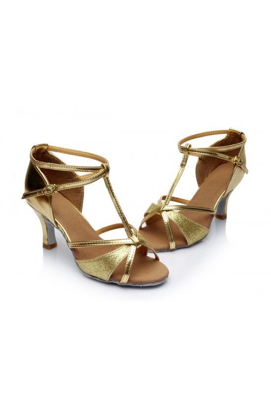 Women's Gold Leatherette Satin Heels Sandals Latin Salsa With T-Strap Buckle Dance Shoes D602006