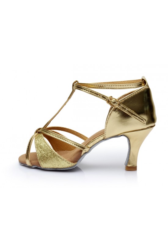 Women's Gold Leatherette Satin Heels Sandals Latin Salsa With T-Strap Buckle Dance Shoes D602006